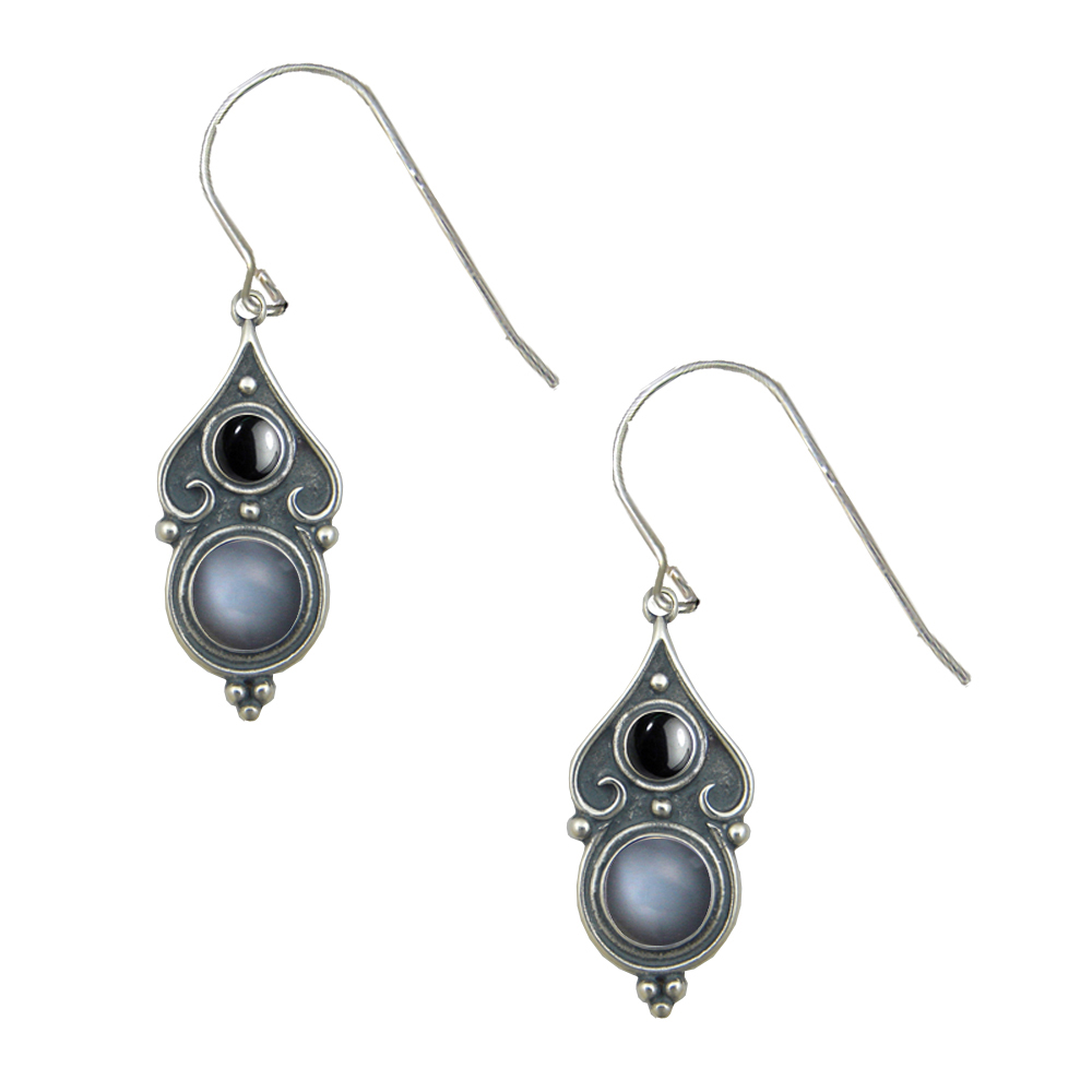 Sterling Silver Designer Post Stud Earrings With Grey Moonstone And Hematite